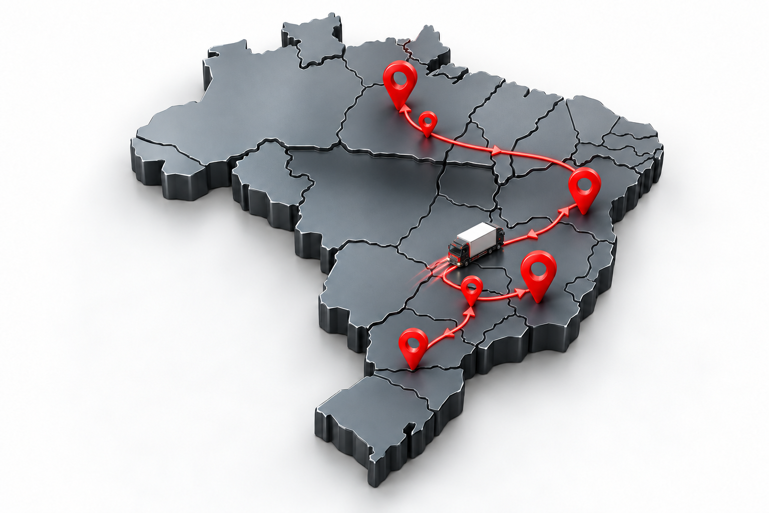 Mapa do Brasil com caminhão de entrega, rotas e marcadores vermelhos